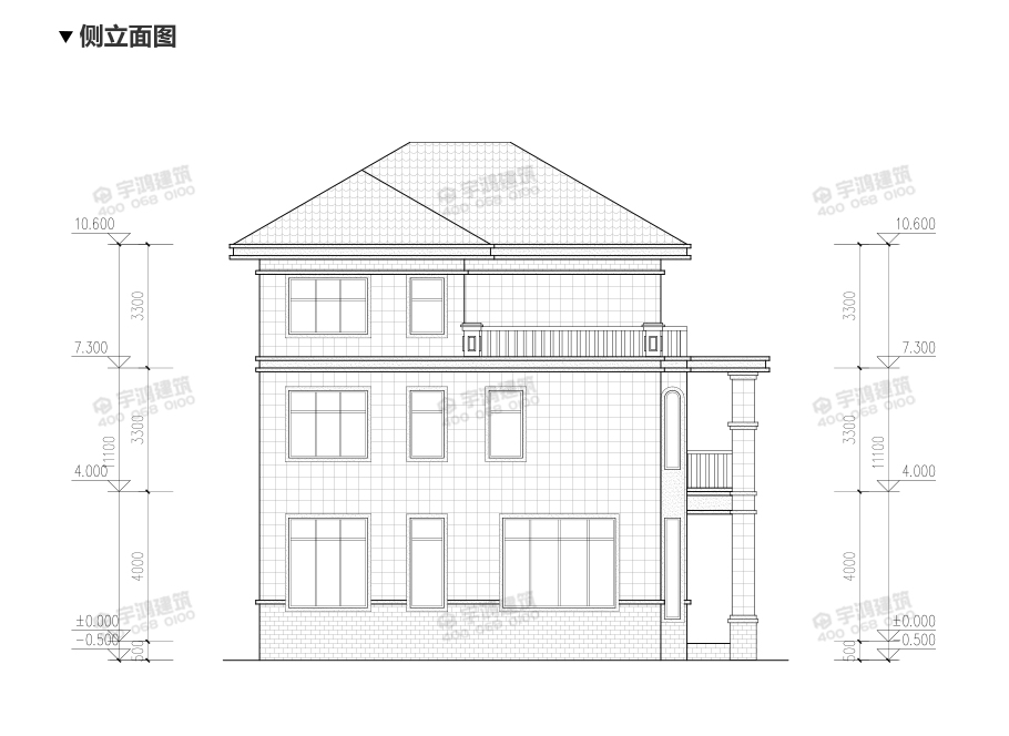 2019新款50萬農村三層小洋樓設計圖側立面圖2